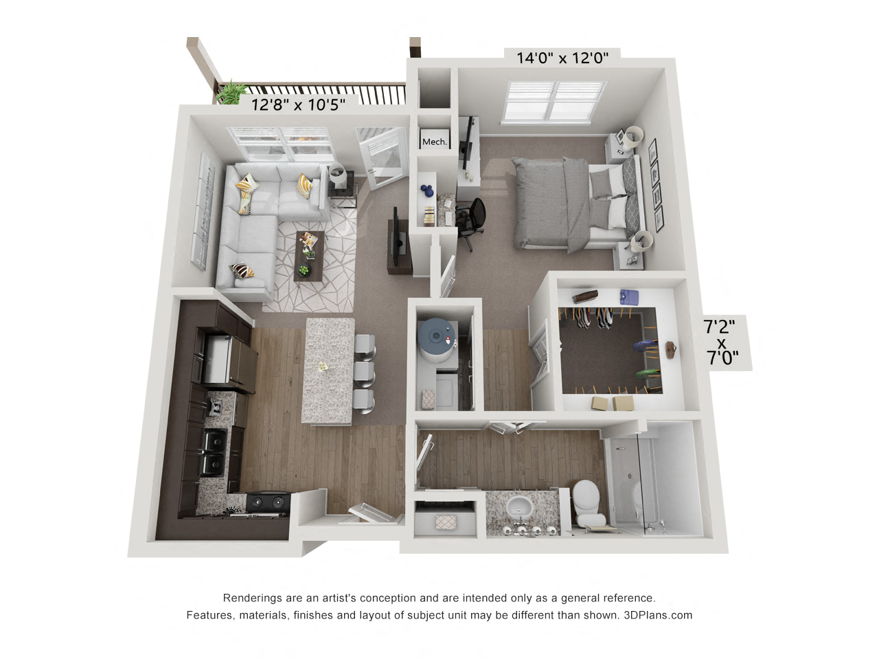 Floor plan for 1 bed, 1 bath, 653 sqft